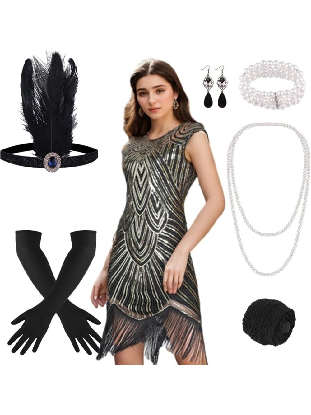 1920 Gold Sequin Fringed Gatsby Flapper Cocktail Dress Costume Accessories LARGE